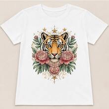 Playera para mujer estampada con tigre floral, camiseta femenina de manga corta cuello redondo, blusa casual suave con diseño animal y flores, ideal para outfit juvenil, diario, vacaciones, concierto, paseo o reunión informal, regalo para mujer con estilo atrevido, tallas chicas a plus size, top cómodo para combinar con jeans, shorts, falda o pantalón negro - Blanco - Ver 4