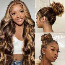 Highlight 360 Body Wave Lace Front Wigs Human Hair 250 Density Highlight Honey Blonde Wig Human Hair 4/27 Ombre Lace Front Wig 13x6 HD Human Hair For Women 360 Glueless Drawstring Wig Pre Plucked With Baby Hair - S4/27 - 查看 3