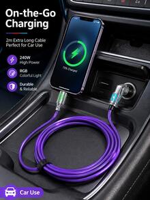 1pc 2M 240W 4 In 1 RGB Charging Cable Multi Connector USB C Lightning Micro USB Data Cable With Color Light USB A To Type C Fast Charging Cord For Phone Tablet Laptop Car Office Travel Daily Use - View 2