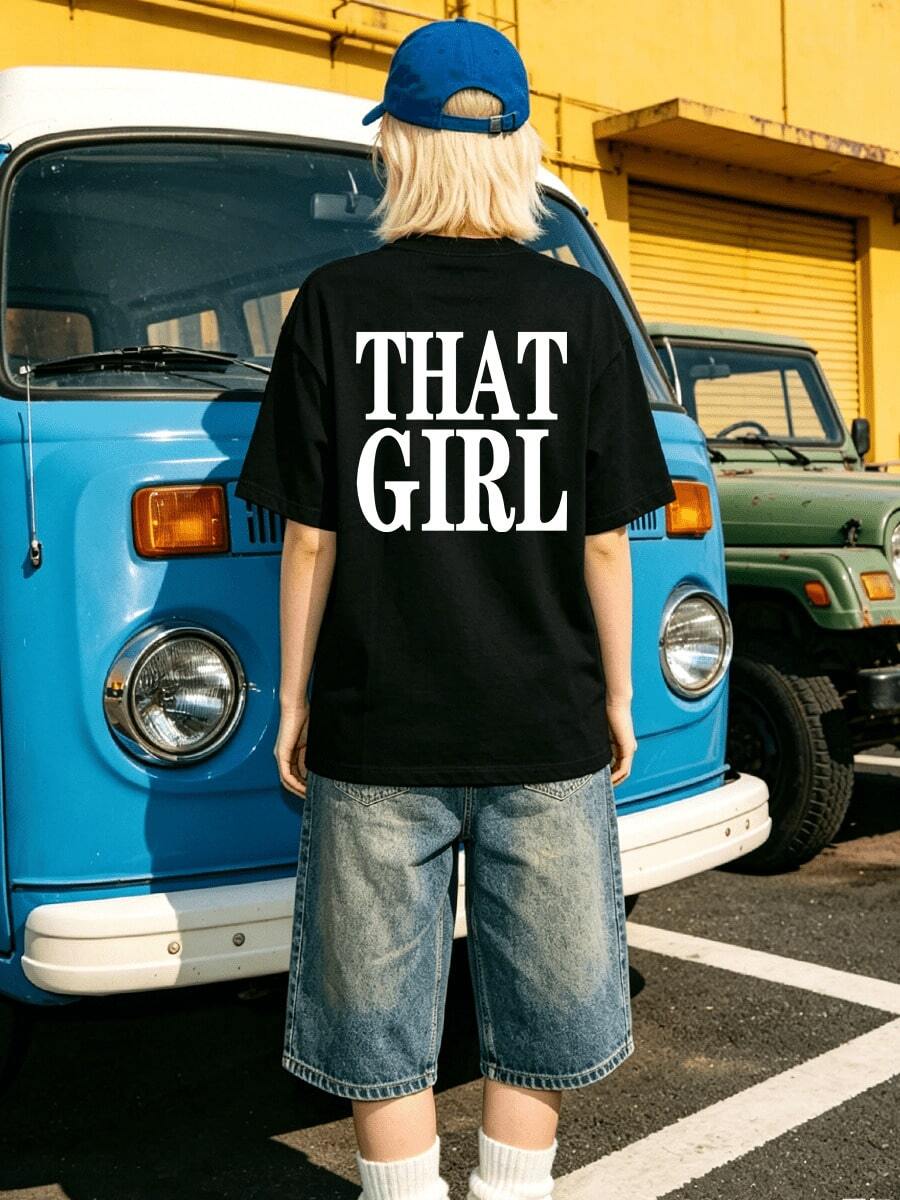 Women's Summer Casual Soft Round Neck Short Sleeve T-Shirt,The Bold "That Girl" Print Graphic Fits Spring And Summer Daily Wear. - Negro - Ver 1