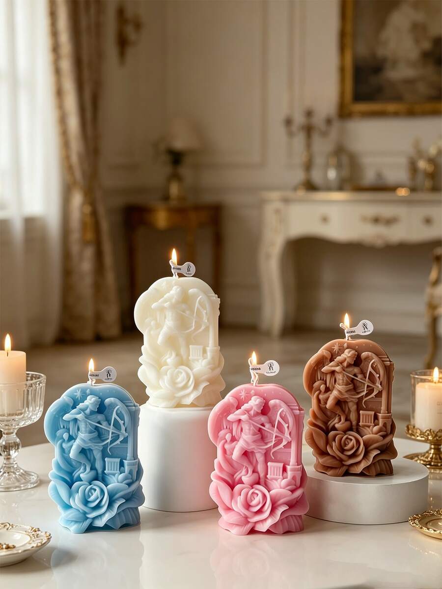 1pc 4 Colors 3D Ancient Greek Angel Relief Aromatherapy Candle, 124g/9.8cm High, Soy Wax Smokeless Burning, Exquisite 3D Archer Rose Carving, Ins Vintage Style, Suitable For Bedroom Fragrance, Living Room Decor, Birthday Gift, Wedding Decoration, Atmosphere Enhanced - 1PC - View 1