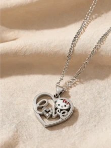 Miniso Hello Kitty Heart Love Rhinestone Pendant Necklace 1Pc Silver Tone Lightweight Comfortable For Women Daily Party Gift Sparkly - Style1 - View 3