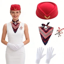 5件組趣味節日空服員帽子、圍巾、飛機胸針、手套，復古系列空服員服裝配件，優雅空服員套裝，適合聖誕派對、萬聖節派對 - 彩色 - 查看 10