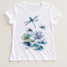 Playera mujer con estampado libélula y loto, camiseta para dama manga corta, blusa casual femenina, top juvenil floral elegante, ropa cómoda para mujer, camiseta cuello redondo, playera con diseño natural, blusa ligera para primavera verano, outfit casual para diario, paseo, oficina informal, vacaciones y fin de semana, regalo para mamá amiga novia o hermana - Blanco - Ver 4