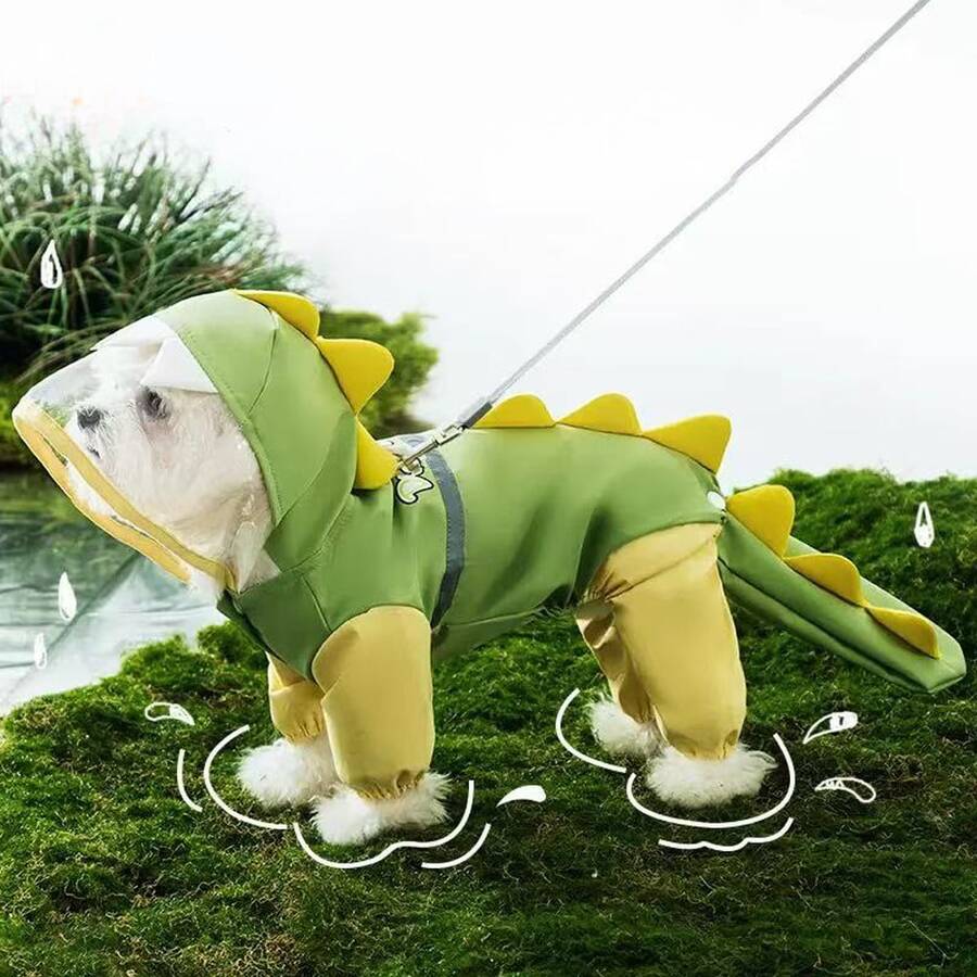 1 buah Jas Hujan Hewan Peliharaan Dekoratif Dinosaurus Lucu, Jas Hujan Anjing untuk Jalan-jalan di Hari Hujan, Jas Hujan Hewan Peliharaan dengan Ekor yang Dapat Dilepas - Hijau - View 1