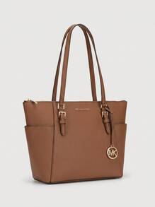 Michael Kors Charlotte 大簽名標誌和金屬頂部拉鍊托特包行李箱 - 秋冬奢華設計師時尚金屬托特包 - 聖誕禮物 - 日常服裝必備品 - 書包/辦公包/旅行必備品/旅行裝/書包/筆記型電腦手提包/女生旅行包 - 棕色 - 查看 3