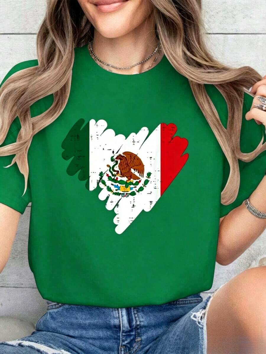 Cotton T-Shirt With Mexican Flag And Heart Print For Women, Girls And Boys, For Mexican Independence Day, Summer, Soft Short Sleeve T-Shirt For Women, Modern And Comfortable. - 綠色 - 查看 1