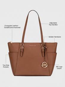 Michael Kors Charlotte 大簽名標誌和金屬頂部拉鍊托特包行李箱 - 秋冬奢華設計師時尚金屬托特包 - 聖誕禮物 - 日常服裝必備品 - 書包/辦公包/旅行必備品/旅行裝/書包/筆記型電腦手提包/女生旅行包 - 棕色 - 查看 6