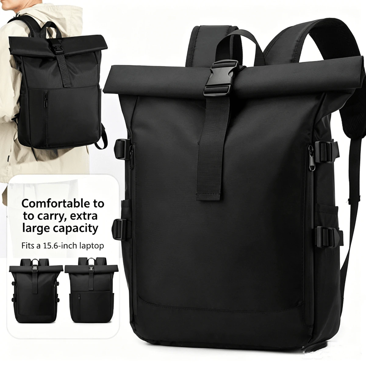 熱銷男士防盜捲蓋筆電背包，防水高密度尼龍多隔層商務包，大容量適用15.6吋筆電休閒日用包，配可調節透氣蜂巢肩帶，適合日常通勤、辦公工作、上學、商務出差、戶外旅行，可收納書籍、文件、文具、衣物、筆電、平板等物品，大學生開學背包、宿舍行李包、開學用品，送給男士的禮物、送給男友的禮物、節日禮物