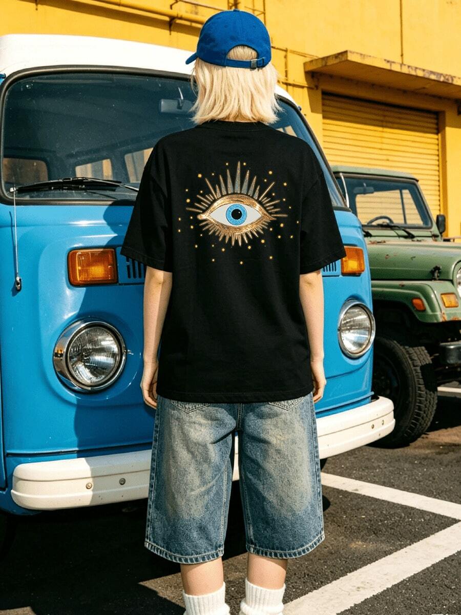 Women's Summer Casual Soft Round Neck Short Sleeve T-Shirt,The Evil Eye Print Graphic Fits Spring And Summer Boho Wear. - Negro - Ver 1