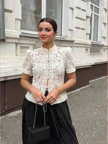 Spring/Autumn Elegant White Lace Crochet Floral Stand Collar Fitted Blouse, Fashion Commuter Top With Design Sense, French Romantic Style Summer - White - View 9