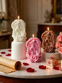 1pc 4 Colors 3D Ancient Greek Angel Relief Aromatherapy Candle, 124g/9.8cm High, Soy Wax Smokeless Burning, Exquisite 3D Archer Rose Carving, Ins Vintage Style, Suitable For Bedroom Fragrance, Living Room Decor, Birthday Gift, Wedding Decoration, Atmosphere Enhanced - 1PC - View 3