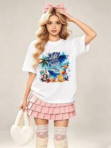 Women's Summer Casual Soft Round Neck Short Sleeve T-Shirt,Life Is Better On A Cruise Print Graphic Suitable For Spring Summer. - 白色 - 查看 1