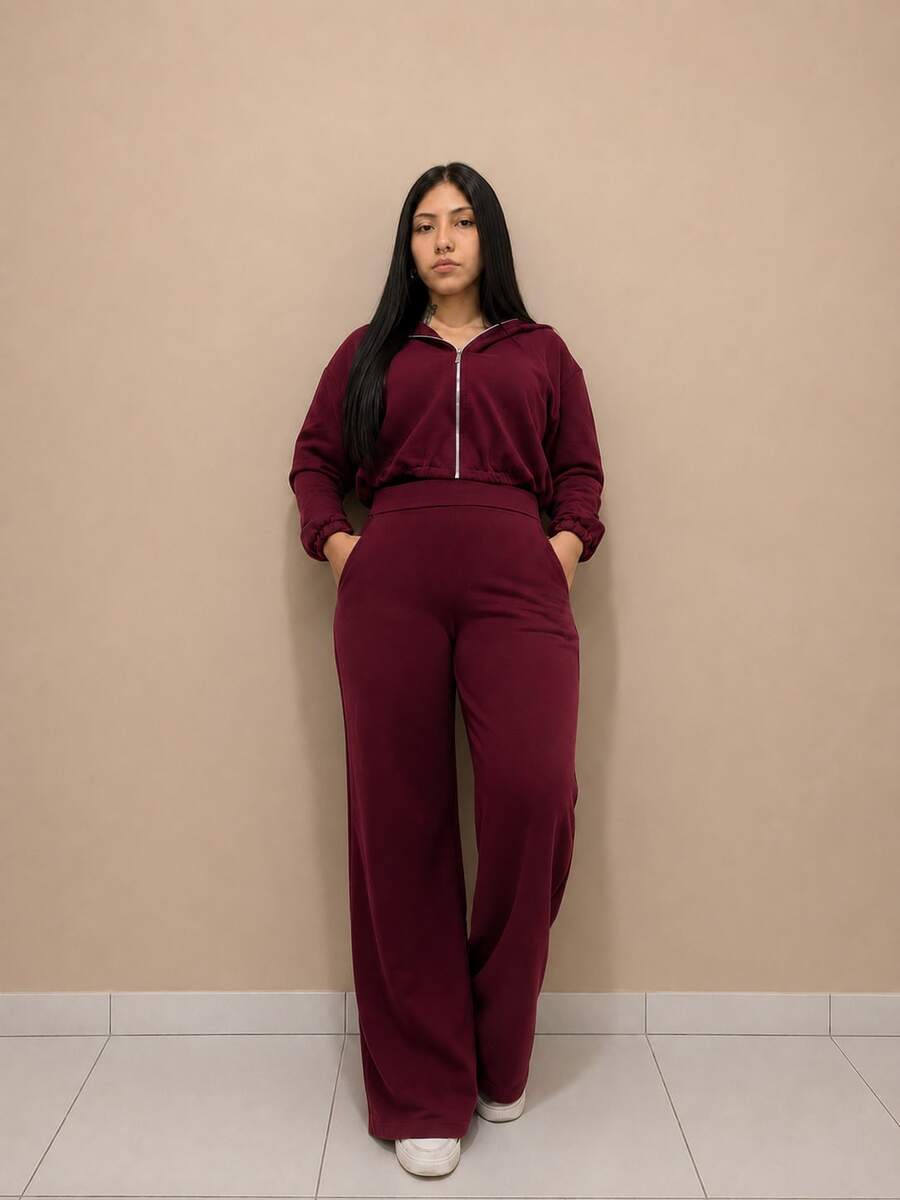 Comfortable Tracksuit Set With Metal Zipper, Long Sleeves And Wide-Leg Pants With Pocket. - Burgundy - View 1