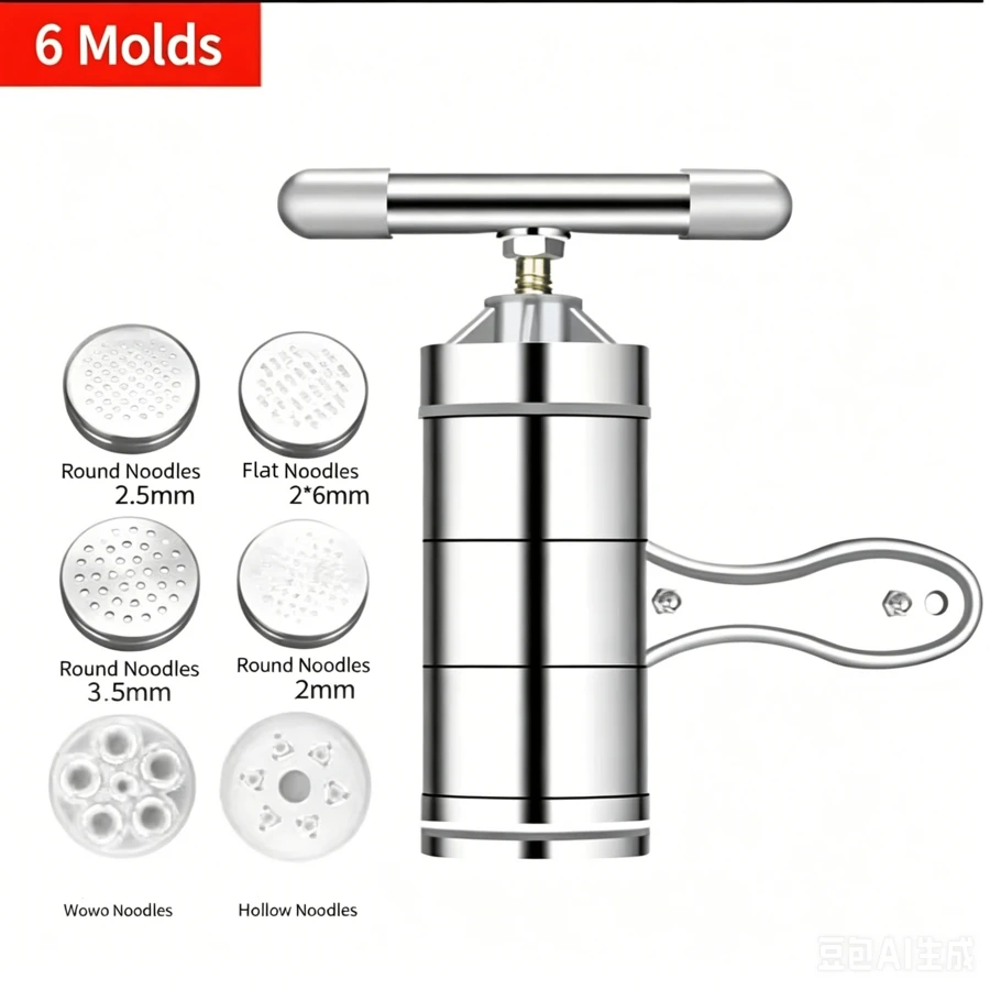 Stainless Steel Manual Pasta Machine Equipped With 6 Noodle Molds- Manual Crank Pasta Press, Suitable For Homemade Pasta, Pasta, And Lasagna, With Adjustable Thickness - 1 Pc - View 1