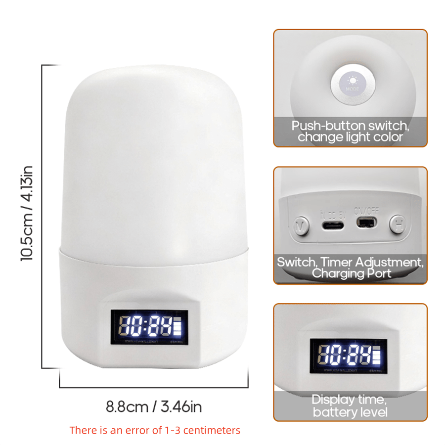 1個數位顯示夜燈，USB充電觸控夜燈，臥室氛圍燈，床頭燈，柔光便攜式迷你夜燈，時鐘顯示，適用於臥室、客廳、餐廳、露營 (800mAh) - USB - 查看 3