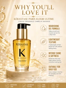 Dầu dưỡng tóc đa năng KÉRASTASE Elixir Ultime L'Huile Originale 30ml (dung tích lớn) + 15ml mẫu thử, bảo vệ tóc khỏi nhiệt, kiểm soát tóc xơ rối, tăng độ bóng, nuôi dưỡng tóc, chứa chiết xuất hoa trà dại, hoa nhài và nhựa thơm, công thức nhẹ nhàng phù hợp với mọi loại tóc, hương thơm tóc hàng ngày, món quà lý tưởng cho cả nam và nữ, sử dụng hàng ngày. - Dầu dưỡng tóc Kerastase Camellia Classic Fragrance - Xem 7