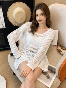 Women's Boho Vintage White Crochet Hollow Out Long Sleeve Round Neck Crop Cover Up, Semi-Sheer Vacation Romantic Style Top - Màu trắng - Hình tròn - Xem 6