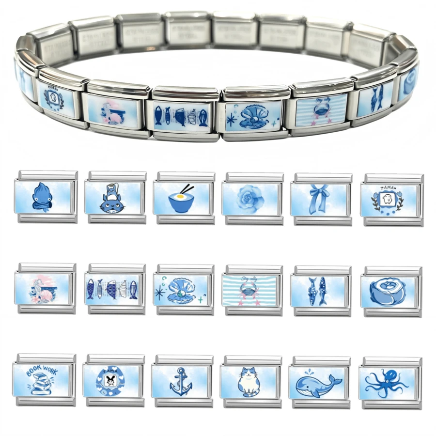 Stainless Steel Italian Modular Bracelet Links, Blue Watercolor Style Enamel Charms (Ocean/Animal/Food/Book), Cute Versatile DIY Jewelry Supplies - Summer Printing - View 1