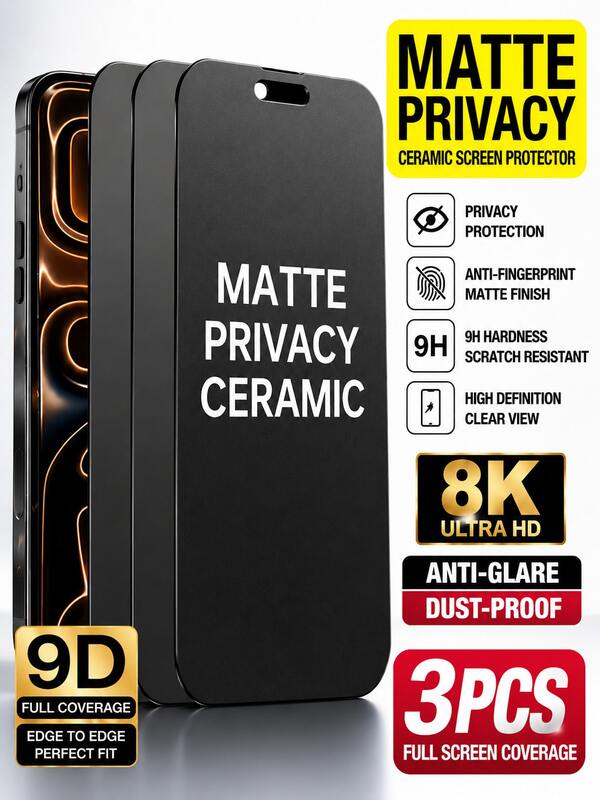 3-Pcs Full Screen Matte Privacy Ceramic Screen Protector, Upgraded Edge Protection, Anti-Fingerprint, Easy Installation, Case Friendly, Compatible With IPhone 17 Pro Max/17 Air/17/16 Pro/16/15 Pro Max/15/14/14 Plus/13 Pro/13/12/XS Max/XR Series