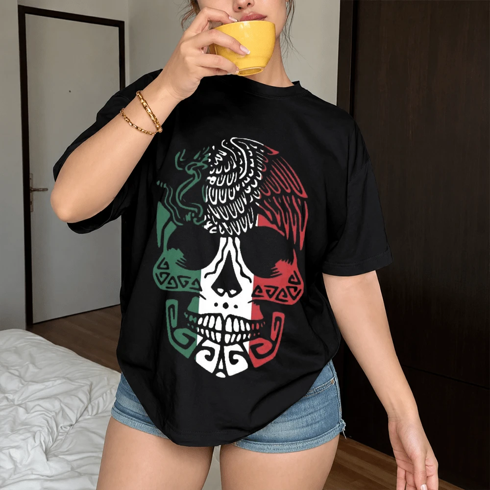 Unisex Black T-Shirt Mexico Skull, Eagle Tricolor Skull Print Short Sleeve Round Neck, Ancestral Culture Day Of The Dead Streetwear For Women And Men, World Cup Gift 2026 The Tri Soft Cotton - 黑色 - 查看 1