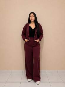 Comfortable Tracksuit Set With Metal Zipper, Long Sleeves And Wide-Leg Pants With Pocket. - Burgundy - View 3
