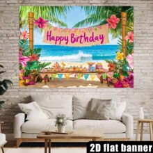 2D Flat Banner1 Piece Of Tropical Hawaiian Beach Birthday Party Backdrop - Featuring Vibrant Palm Trees, Colorful Flowers, Seascapes And A "Happy Birthday" Banner. Perfect For Summer Celebrations, Photo Props And Party Decorations. - View 6