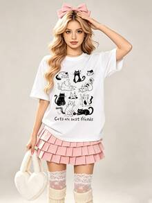 Women's Summer Casual Soft Round Neck Short Sleeve T-Shirt,Cats Are Best Friends Print Graphic Suitable For Spring Summer. - Blanco - Ver 1