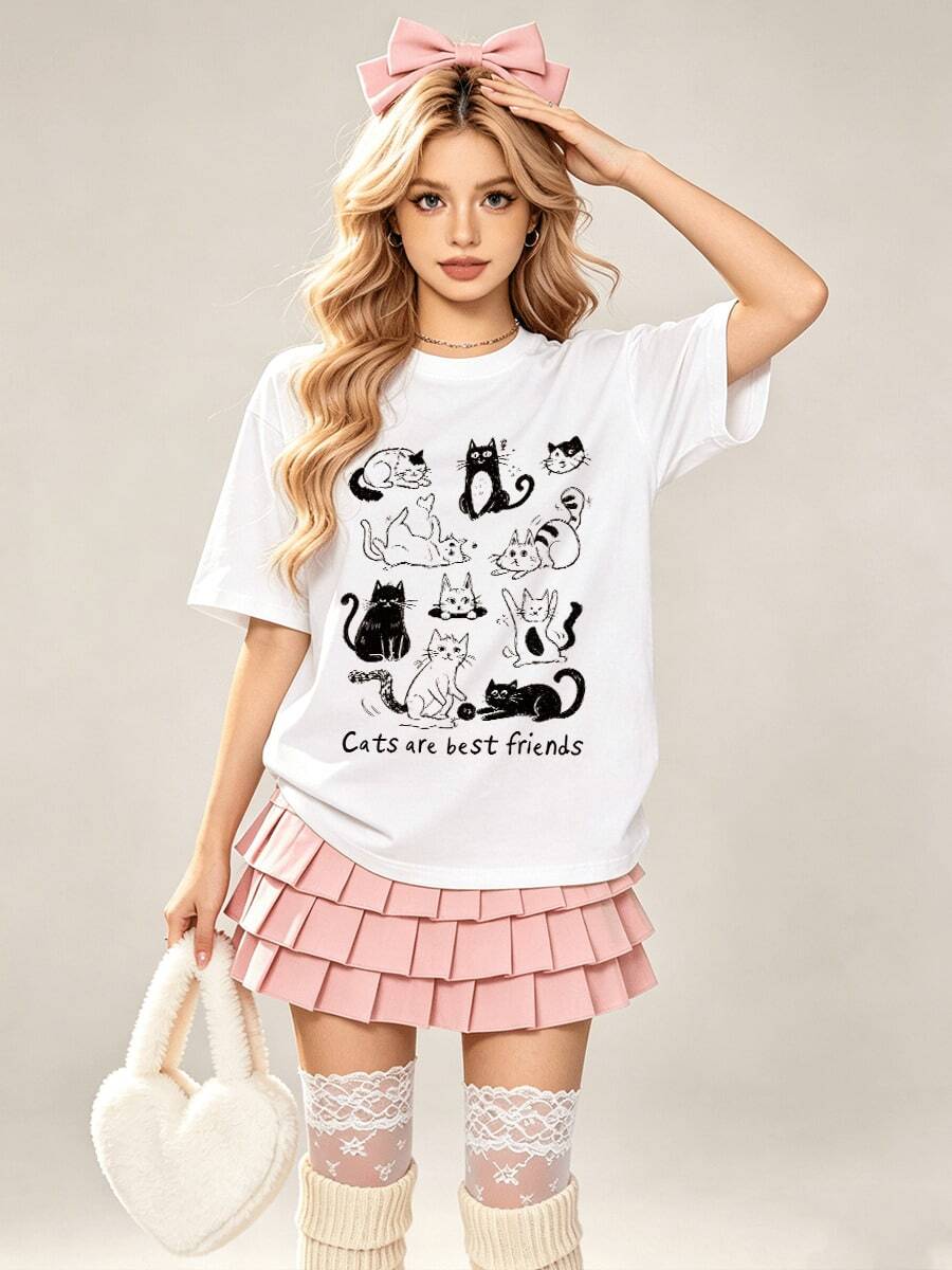 Women's Summer Casual Soft Round Neck Short Sleeve T-Shirt,Cats Are Best Friends Print Graphic Suitable For Spring Summer. - Blanco - Ver 1