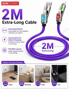 1pc 2M 240W 4 In 1 RGB Charging Cable Multi Connector USB C Lightning Micro USB Data Cable With Color Light USB A To Type C Fast Charging Cord For Phone Tablet Laptop Car Office Travel Daily Use - View 3