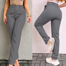 Women's Tailored Trousers, Social Casual, High-Waisted, Elegant And Comfortable, With Pockets And Covered Button. - Grey - View 2