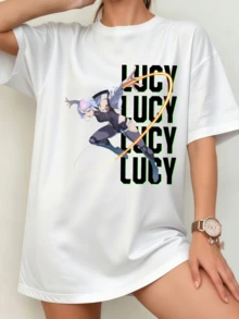 White Unisex T-Shirt With Lucy Jumping Pose & "LUCY" Repeated Green Lettering - Cyberpunk Edgerunners Fan Art - White - View 10