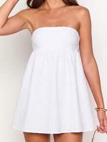 Women Summer Mini Bandeau Dress Off Shoulder Strapless Plaid Tube Top Dress With 2 Pockets - 白色 - 查看 1