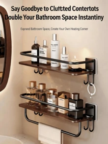 1pc No-Drill Bathroom Shelf, Wall-Mounted Wood Grain Bathroom Storage Rack With Hooks And Towel Bar, Toiletry Organizer - Multicolor - View 1