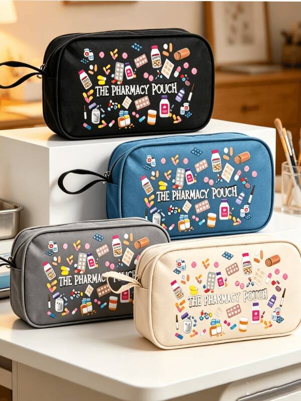 1 st bärbar pillerpåse med tryck "The Pharmacy Pouch", vattentät medicinorganizer med handledsrem, avslappnad och bärbar, lämplig för daglig pendling, shopping m.m. Viktig medicinsk accessoar, multifunktionell pillerpåse i tyg, bärbart medicinskt första hjälpen-kit, pillerpåse för utomhusresor, förvaringspåse för första hjälpen och medicin på studentboende, unisex för medicinpåse/digital tillbehörsorganizer/toalettväska eller daglig sminkväska