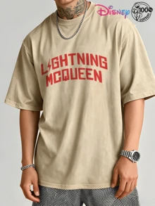 Disney IP Collaboration Cars Lightning McQueen Print Men's T-Shirt With Crew Neck And Short Sleeves, Relaxed Fit! Summer Clothing For Men, Cotton T-Shirt With Graphic Print, Suitable For Everyday Wear, Leisure And Sports. - 咖啡棕 - 查看 3
