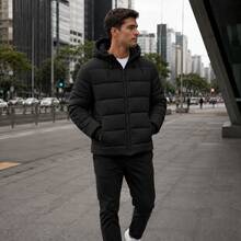 Puffer Jacket With Removable Hood And Fleece Lining - 黑色 - 查看 2
