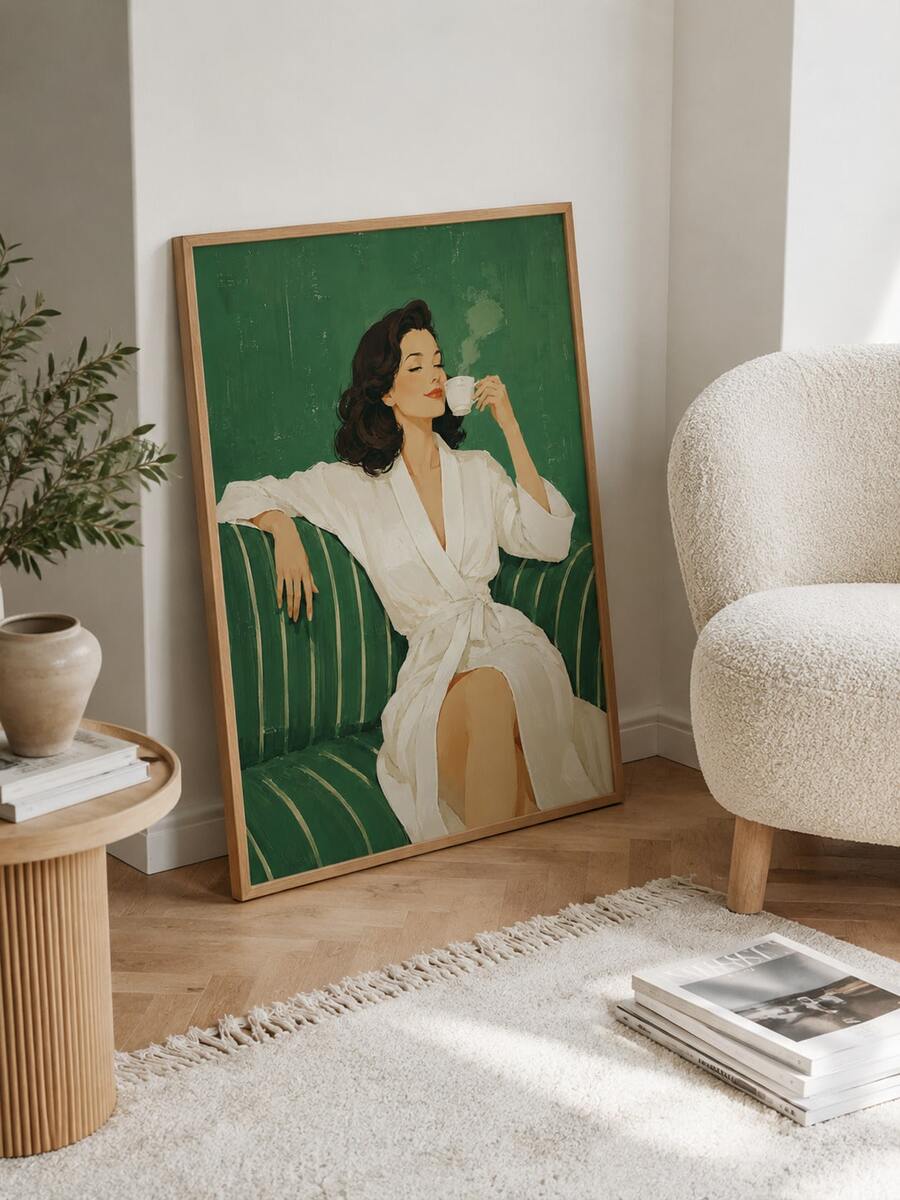 1 Peça Arte de Parede Plana 2D, Pôster Retrô, Impressão de Figura Abstrata, Pintura em Tela de Mulher Listrada com Café, Adequado para Decoração de Sala de Estar e Quarto, Presente de Inauguração da Casa, Sem Moldura - Personagem C - Visão 1