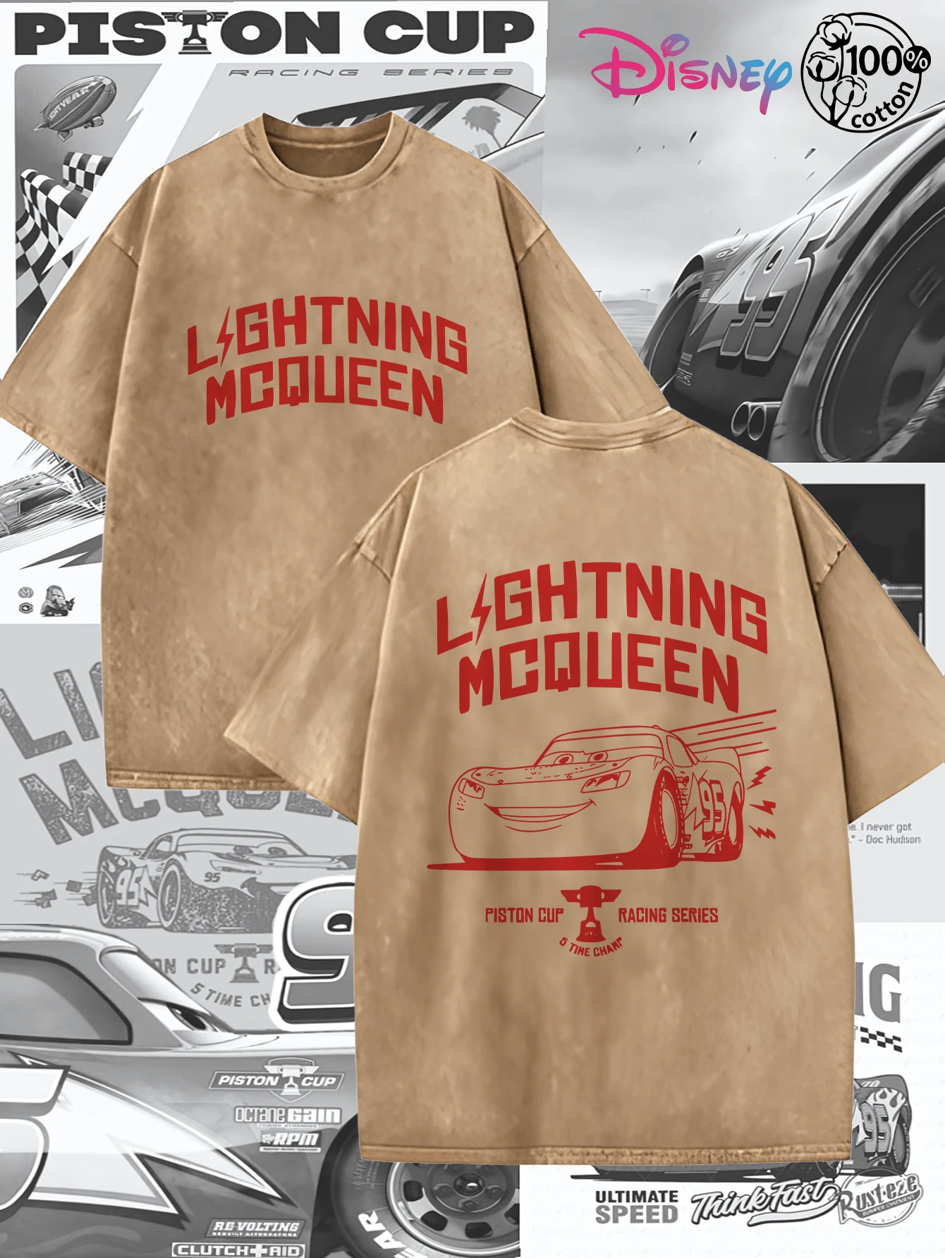 Disney IP Collaboration Cars Lightning McQueen Print Men's T-Shirt With Crew Neck And Short Sleeves, Relaxed Fit! Summer Clothing For Men, Cotton T-Shirt With Graphic Print, Suitable For Everyday Wear, Leisure And Sports. - 咖啡棕 - 查看 1