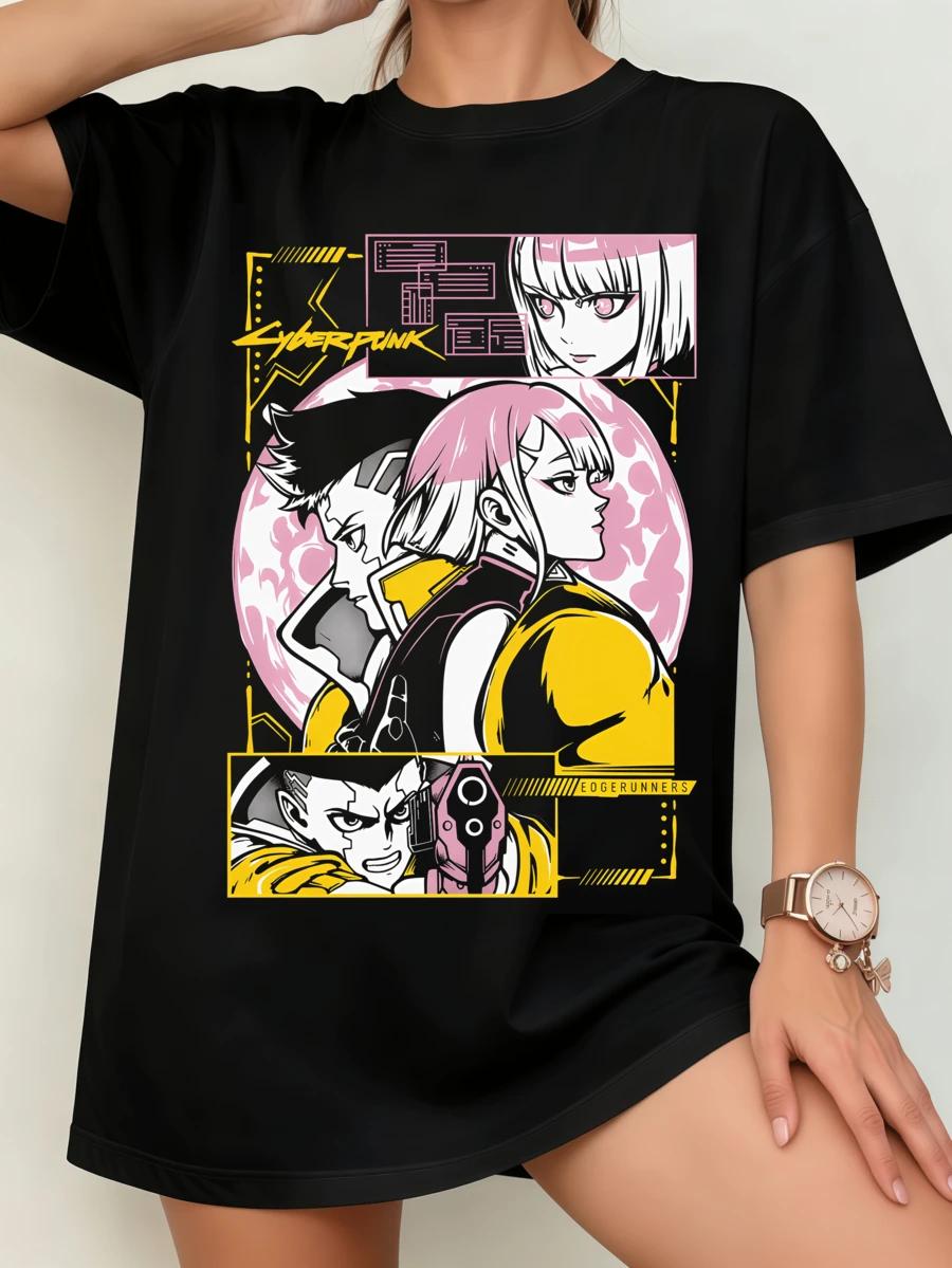 Black Unisex T-Shirt With David & Lucy Comic Panel Style - Cyberpunk Edgerunners Romance Design - 黑色 - 查看 1