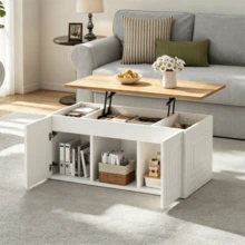 Mesa de centro para sala de estar, 46 x 95 x 45 cm, altura ajustável até aproximadamente 59 cm, com duas portas de armário e design minimalista. Mesa lateral em madeira natural, mesa de centro, escrivaninha. - Branco - Ver 2