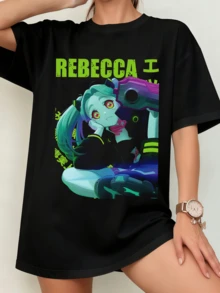 Black Unisex T-Shirt With Rebecca's Weapon Pose & "REBECCA" Lettering - Anime Character Art - Black - View 9