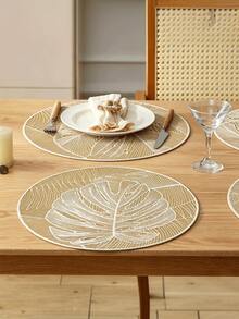 4/6/8pcs Gold Round Minimalist PVC Placemats, Turtle Leaf Pattern, Washable, Easy To Clean, Wipe-Clean, Non-Slip, Heat-Resistant, Suitable For Holiday, Wedding, Festive Dining Table Decor - Gold - View 4