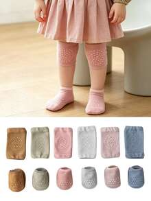 Set de 3 piezas (Rodilleras + Calentadores de piernas antideslizantes) Nuevo estilo aleatorio Rodilleras transpirables para niños y calentadores de piernas antideslizantes para bebés que gatean en el suelo, protección de rodillas para bebés - Multicolor - Ver 1
