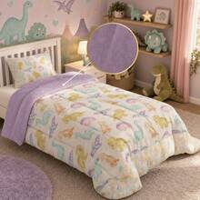 Single Size 2-Piece Children's Comforter Set, 400 Thread Count Premium Double-Sided Printed, Thick, Soft And Warm - DINO KIDS PINK - View 1