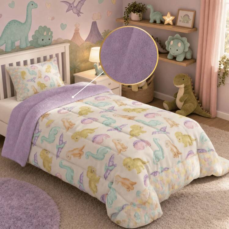 Single Size 2-Piece Children's Comforter Set, 400 Thread Count Premium Double-Sided Printed, Thick, Soft And Warm - 恐龍兒童粉紅 - 查看 1
