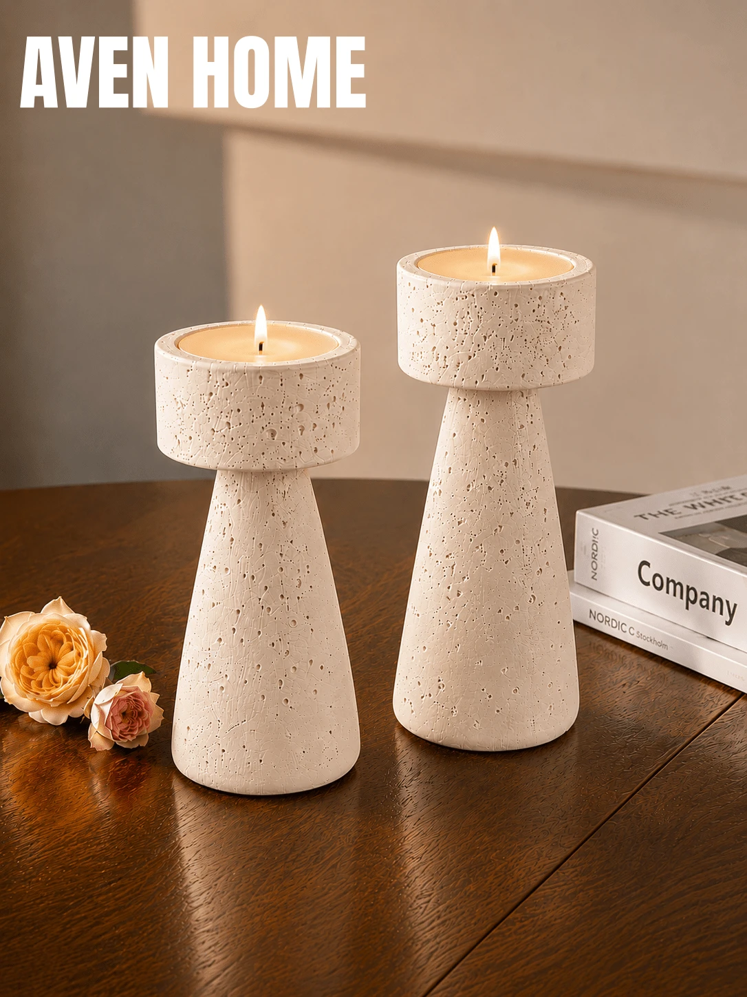 1 buah Set Tempat Lilin Motif Travertine Gaya Nordik, Tempat Lilin Teh Dekoratif Warna Krem Gading, Dekorasi Rumah Minimalis Modern, Cocok untuk Ruang Tamu, Kamar Tidur, Meja Makan, dan Rak Buku - Putih krem - View 1