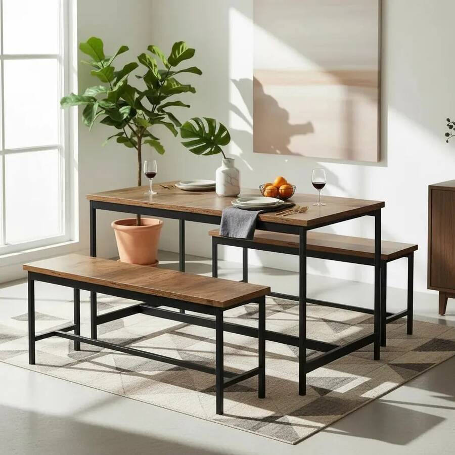 Dark Brown Rectangular Dining Set With 2 Benches For 4 People, Plain Design - Black - View 1
