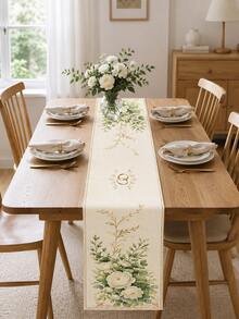 1pc Beige Linen Wedding Table Runner, White Rose/Eucalyptus Leaf/Wedding Ring/Gold Vine Print, Fade-Resistant Machine Washable, Romantic Wedding Table Decor Fabric, Suitable For Wedding, Engagement, Banquet, Party, Home Decor - Multicolor - View 5