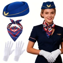5件組趣味節日空服員帽子、圍巾、飛機胸針、手套，復古系列空服員服裝配件，優雅空服員套裝，適合聖誕派對、萬聖節派對 - 彩色 - 查看 2
